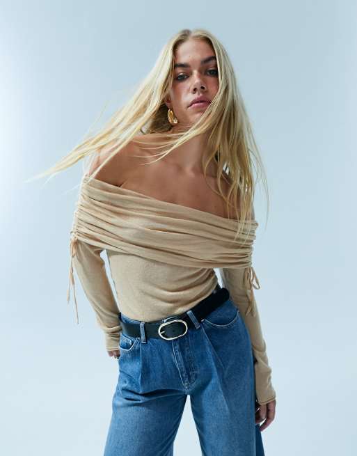 Top drapeado con escote Bardot de punto de mezcla de lana de ASOS DESIGN