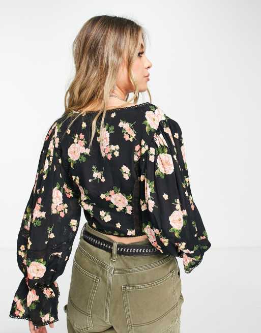 Top escotado de manga larga con estampado floral e inserto de encaje de ASOS DESIGN (parte de un conjunto), 2 de 4