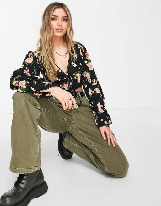 Top escotado de manga larga con estampado floral e inserto de encaje de ASOS DESIGN (parte de un conjunto), 3 de 4