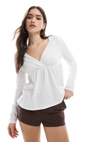 Top estilo babydoll de manga larga de canalé de Miss Selfridge - view 1