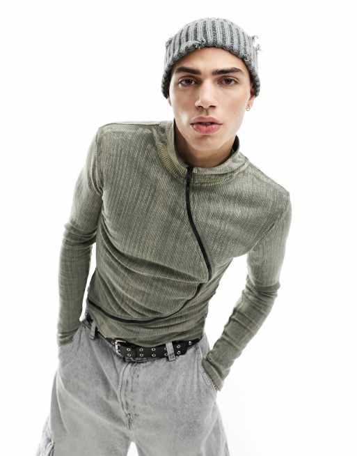 Top gris ácido asimétrico de manga larga con cremallera de punto de arroz de Basic Pleasure Mode