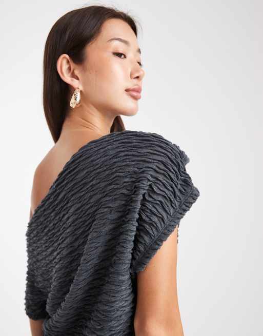 Top gris asfalto con hombro caído drapeado de punto texturizado de Vero Moda (parte de un conjunto), 3 de 4