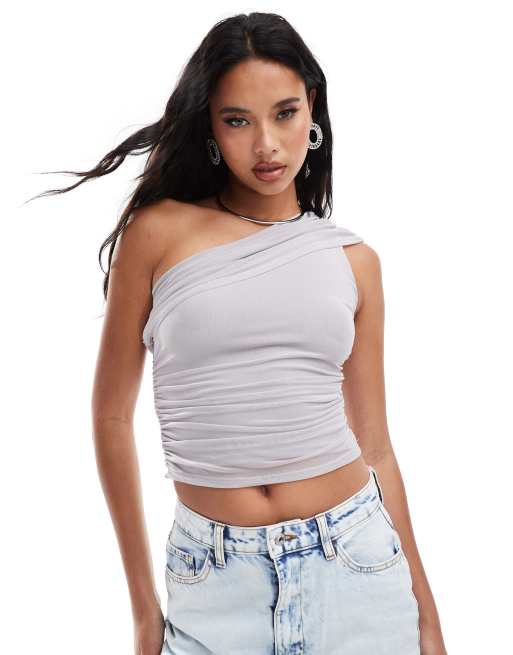 Top gris asimétrico con diseño drapeado y fruncido de malla de ASOS DESIGN