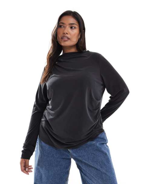 Top gris carbón ceñido de manga larga con detalle fruncido en el cuello de ONLY Curve - view 1