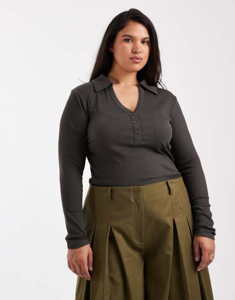 Top gris carbón de manga larga con cuello panadero con solapas de canalé reducido de ASOS DESIGN Curve - view 1