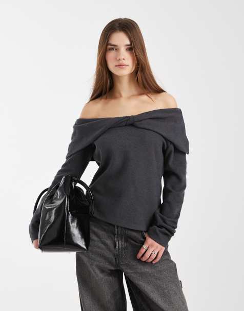 Top gris carbón de manga larga con escote Bardot plegado de canalé de ASOS DESIGN - view 1