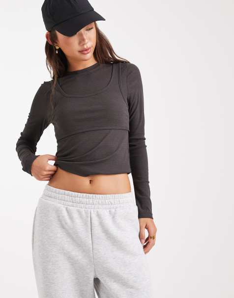 Top gris carbón de manga larga con top de tirantes superpuesto de malla texturizada de ASOS DESIGN - view 1