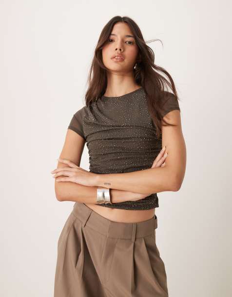 Top gris carbón drapeado de malla con mangas de casquillo y pedrería termosellada de ASOS DESIGN - view 1