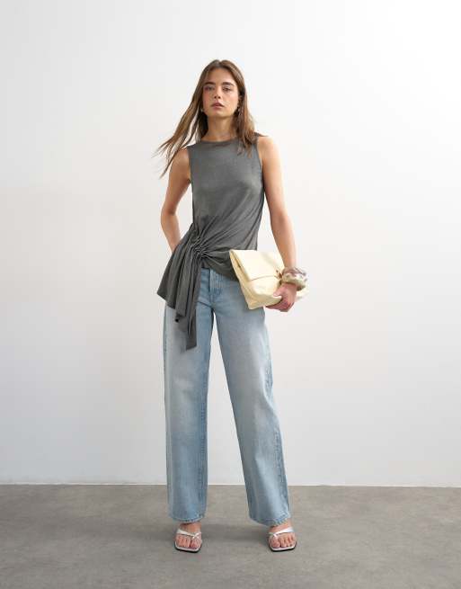 Top gris carbón jaspeado sin mangas con detalle drapeado en el lateral de Topshop, 3 de 4
