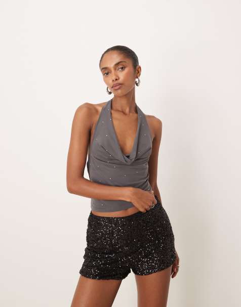 Top gris ceñido de cupro con cuello halter y strass de Motel - view 1