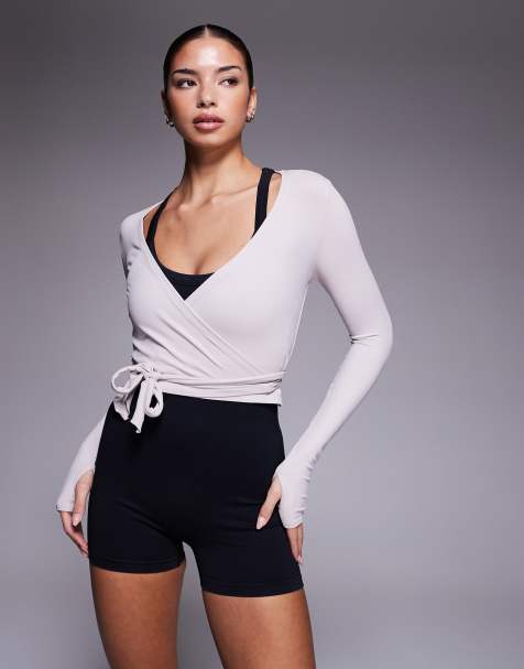 Top gris ceniza cruzado de manga larga estilo bailarina de tejido afelpado de 4505 - view 1