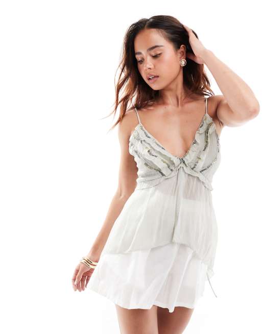 Top gris claro transparente de tirantes con abalorios de Mango