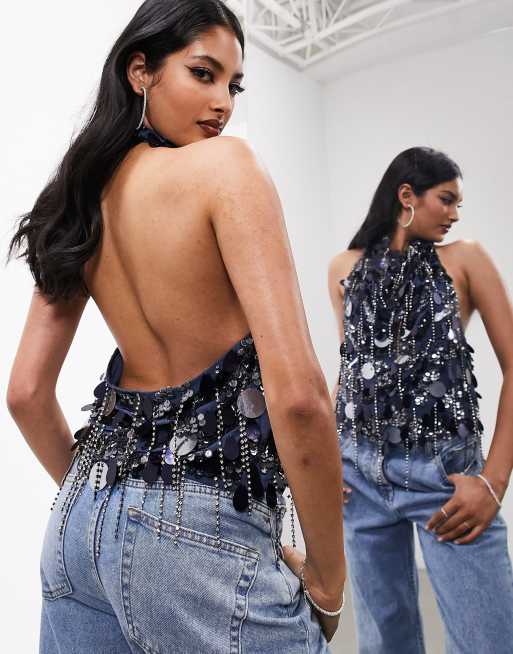 Top gris con cuello halter desbocado y flecos de lentejuelas y abalorios de ASOS EDITION, 4 de 4