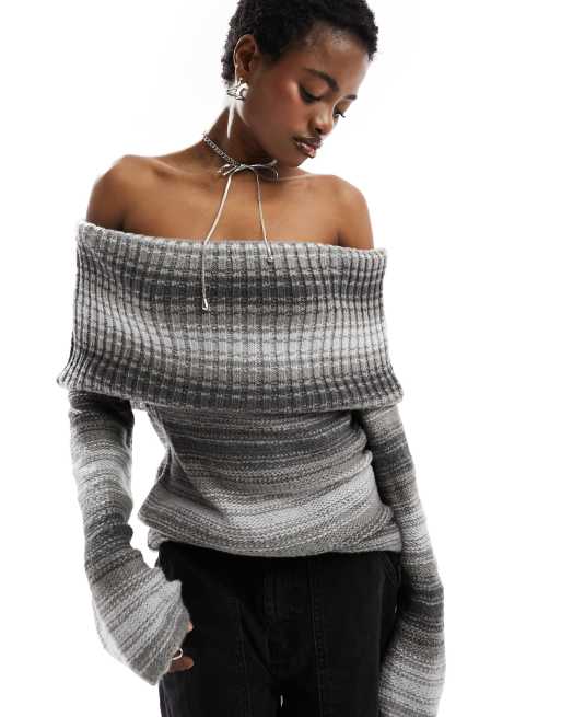 Top gris con escote Bardot de punto de hilos mezclados de COLLUSION