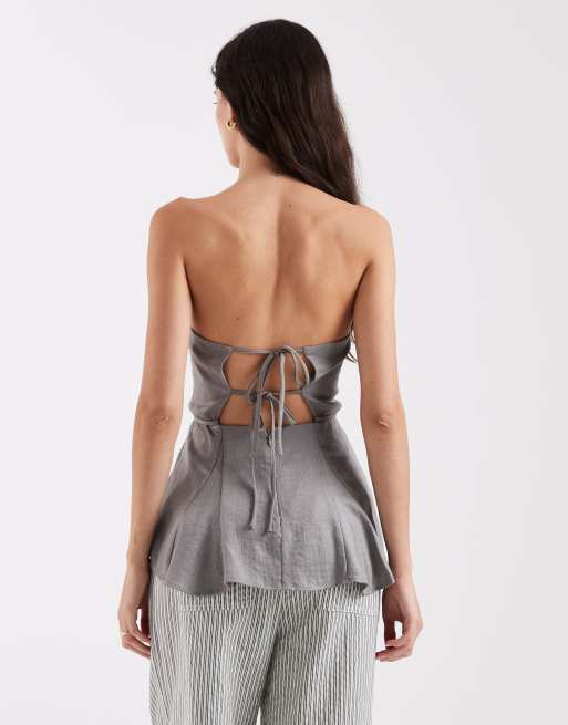 Top gris con escote palabra de honor y lazada delantera Lucy de Laagam, 4 de 4