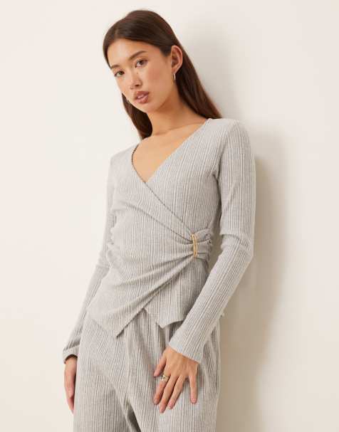 Top gris cruzado de canalé mixto muy suave de ASOS DESIGN - view 1