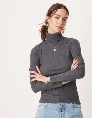 Top gris de manga larga con cuello vuelto de canalé de New Look - view 1