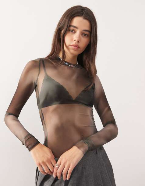 Top gris de manga larga con estampado efecto humo de malla exclusiva en ASOS de Weekday - view 1