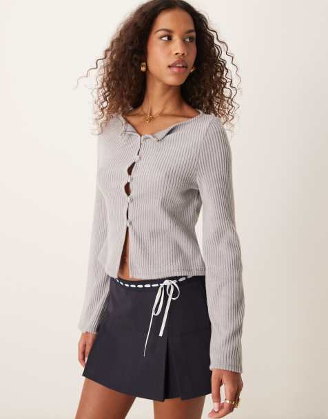 Top gris estilo cárdigan de manga larga y corte cuadrado con cuello barco de canalé cepillado de ASOS DESIGN - view 1