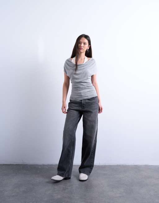 Top gris jaspeado con cuello desbocado y diseño de dos capas de Topshop, 2 de 4