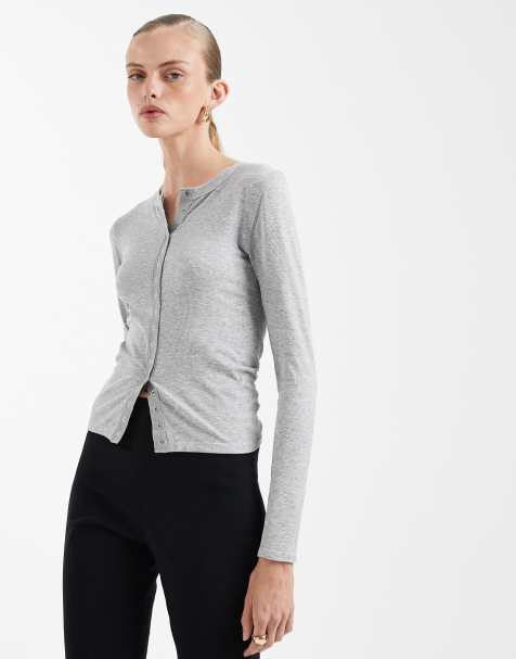 Top gris jaspeado de manga larga con detalle de botones de presión de canalé sin costuras de ASOS DESIGN - view 1