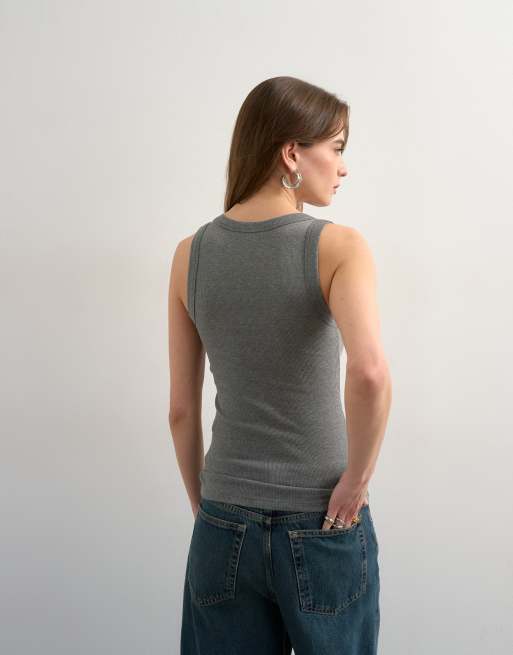 Top gris jaspeado de tirantes con cuello ancho de canalé de Topshop, 4 de 4