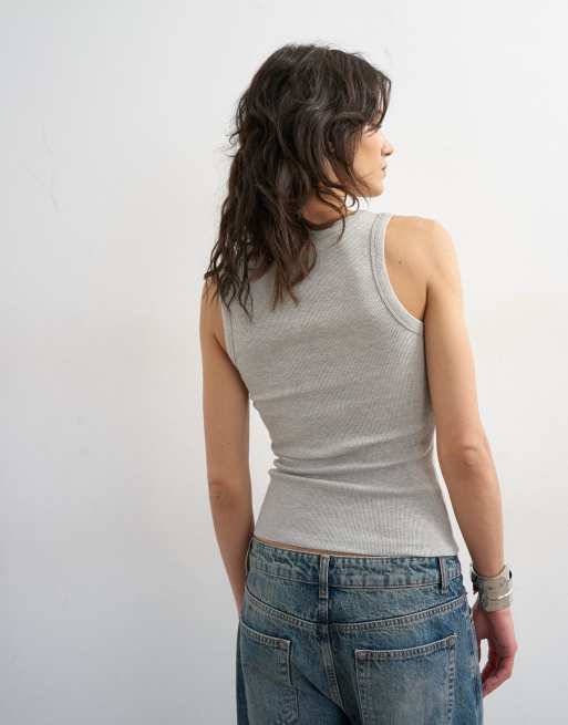 Top gris jaspeado de tirantes con cuello ancho de canalé de Topshop, 4 de 4