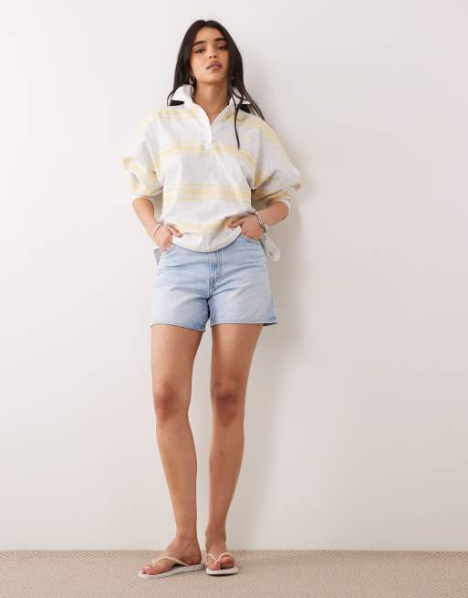 Top gris jaspeado y amarillo limón a rayas estilo rugby con detalle de solapas de algodón de Kaiia, 4 de 4