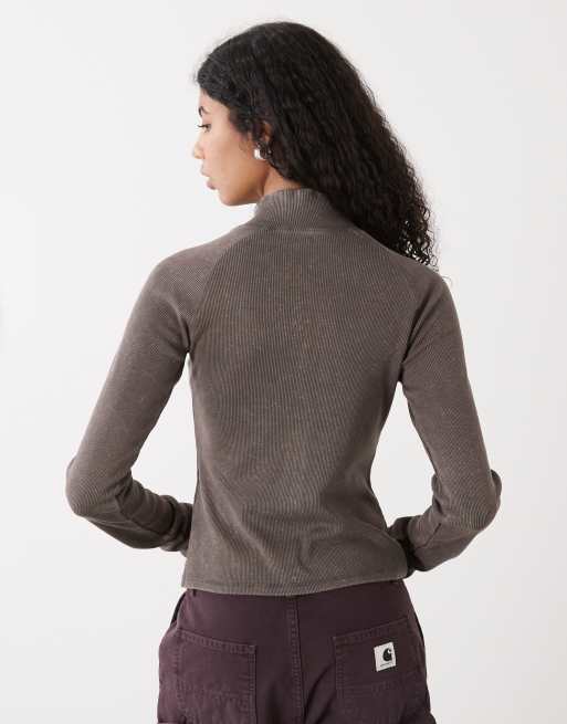 Top gris lavado de manga larga con cuello subido y cremallera de Weekday, 2 de 4