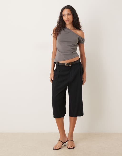 Top gris oscuro con escote Bardot fruncido de punto de sarga de ASOS DESIGN, 4 de 4