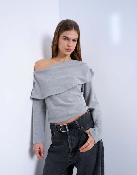 Top gris oscuro jaspeado de manga larga con escote Bardot asimétrico drapeado de Topshop - view 1