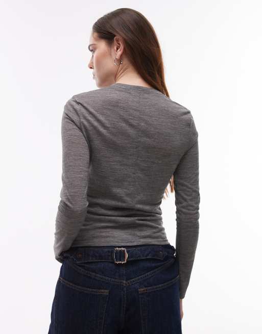 Top gris oscuro jaspeado de manga larga de mezcla de lana de Topshop, 4 de 4