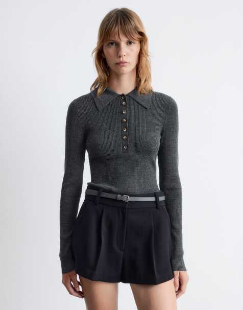 Top gris oscuro traslúcido con cuello acanalado estilo polo de punto de & Other Stories - view 1