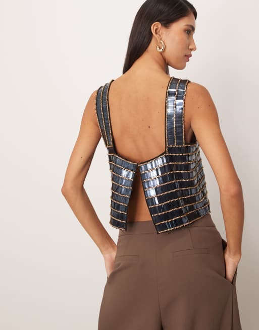 Top gris plomo suelto con cuello cuadrado y diseño lineal de abalorio de ARRANGE, 2 de 4