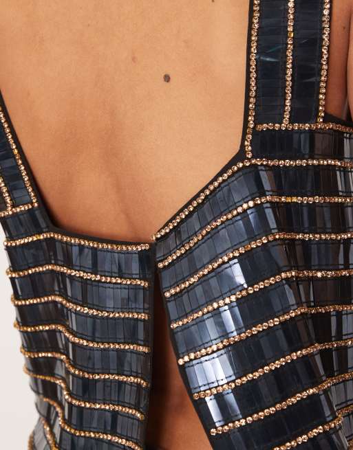 Top gris plomo suelto con cuello cuadrado y diseño lineal de abalorio de ARRANGE, 4 de 4