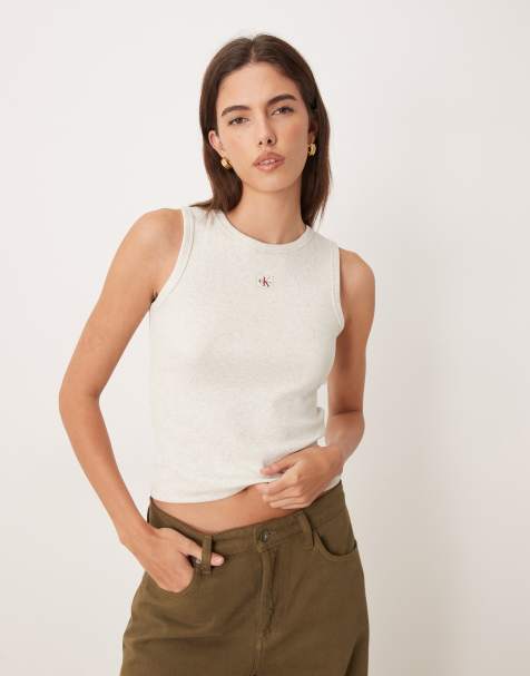 Top gris sin mangas con logo de monograma de canalé de algodón de Calvin Klein Jeans - view 1
