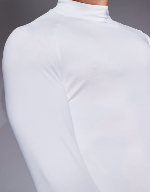 Top interior deportivo blanco ajustado de manga larga con cuello subido de tejido de secado rápido Icon de 4505, 4 de 4