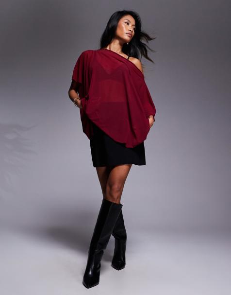 Top largo burdeos holgado con hombro caído estilo capa de malla transparente de ASOS DESIGN - view 1