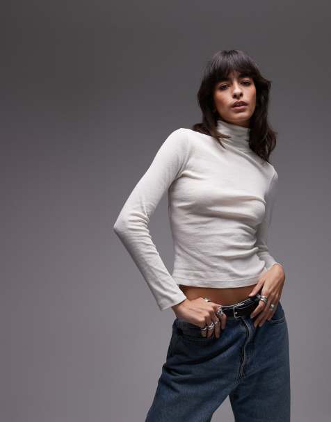 Top largo color crema con cuello vuelto de tejido transparente de ASOS DESIGN - view 1