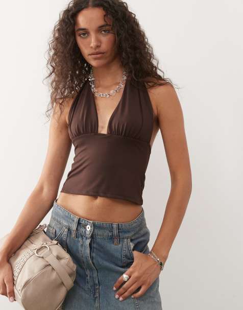 Top largo marrón chocolate de cuello halter de tejido suave de COLLUSION - view 1