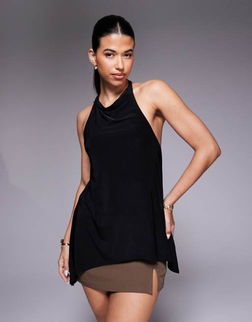 Top largo negro asimétrico y ceñido con cuello halter de ASOS DESIGN (parte de un conjunto)