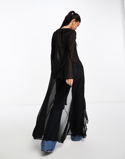 Top largo negro con lazada delantera y volantes de chifón transparente de Miss Selfridge, 2 de 4