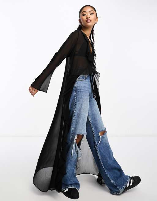 Top largo negro con lazada delantera y volantes de chifón transparente de Miss Selfridge, 4 de 4
