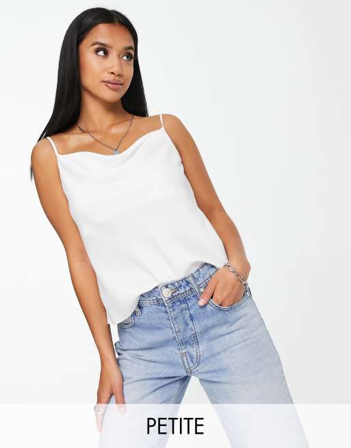 Top lencero color marfil con cuello desbocado de satén de River Island Petite