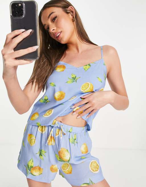 Top lencero de pijama azul con estampado de frutas de modal Mix & Match de ASOS DESIGN