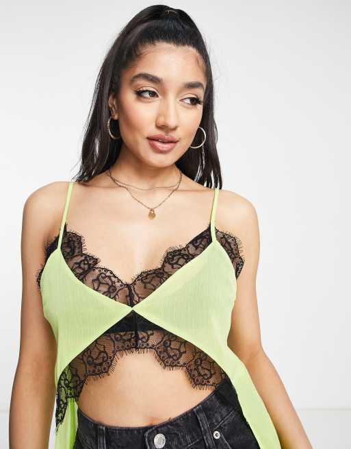 condado Humo Acrobacia Top lencero largo verde lima con ribete de encaje de Miss Selfridge | ASOS