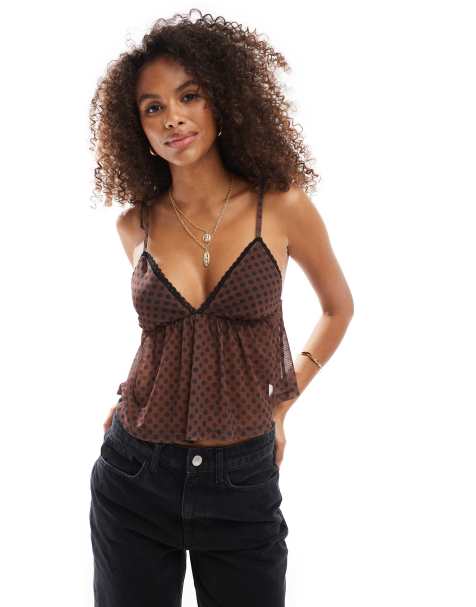 Top lencero marrón con estampado de lunares y vuelo de malla de ASOS DESIGN - view 1