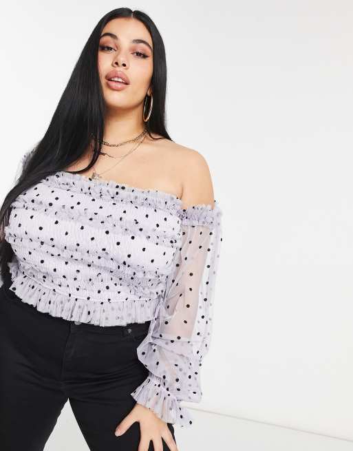 Top lila con lunares con escote Bardot de tul exclusivo de Lace & Beads Plus, 4 de 4