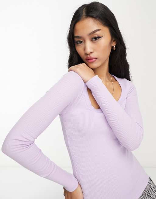 Top lila de manga larga con cuello ancho de New Look