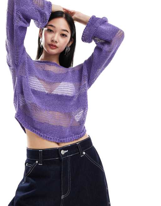 Top lila de manga larga con patrón a rayas transparentes de punto suelto de Monki